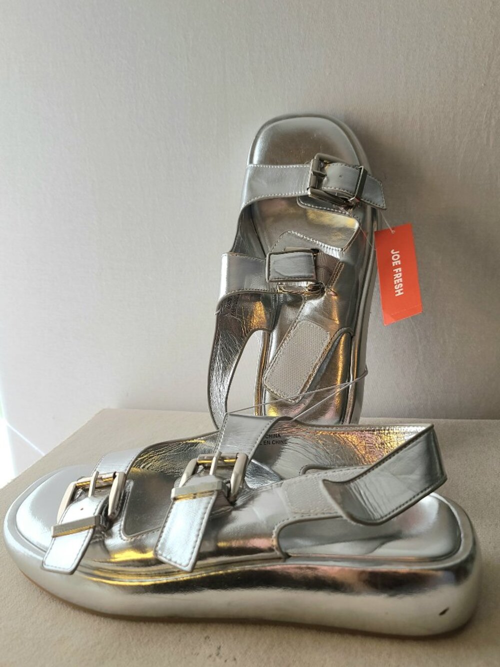 NWT Joe Fresh Metallic Silver Platform Sandals Adjustable Straps - Size 7